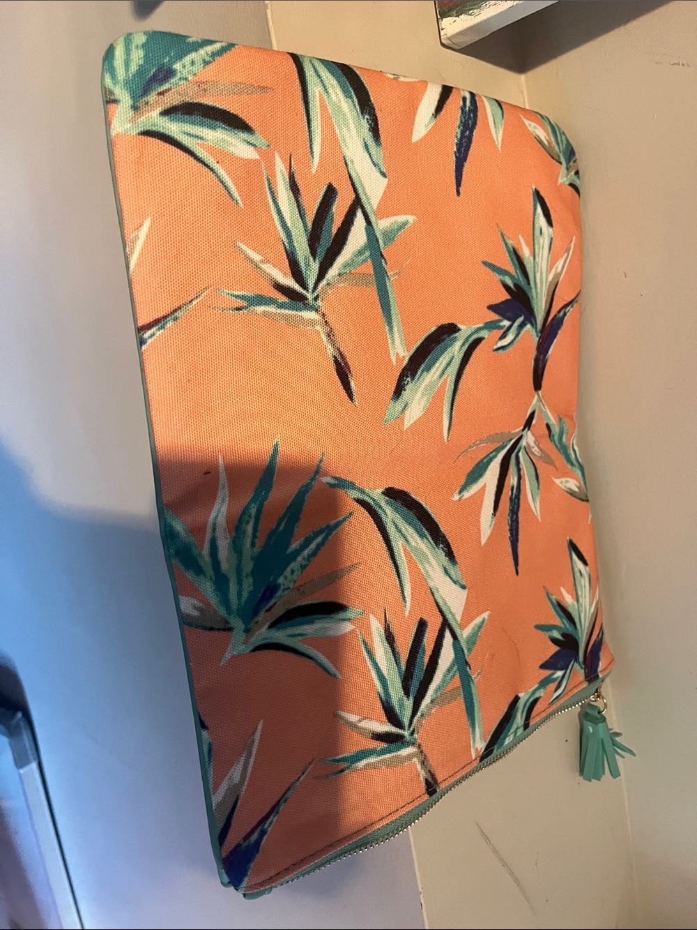 Rachel Pally Coral Cosmetic Pouch with Teal Leaf Print